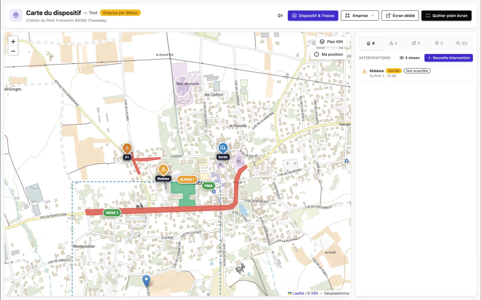 Carte opérationnelle d’un dispositif : postes d’équipe, zones et interventions en cours